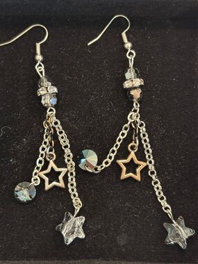 Silver Star Dangle Earrings with Crystal Accents - Women Jewelry